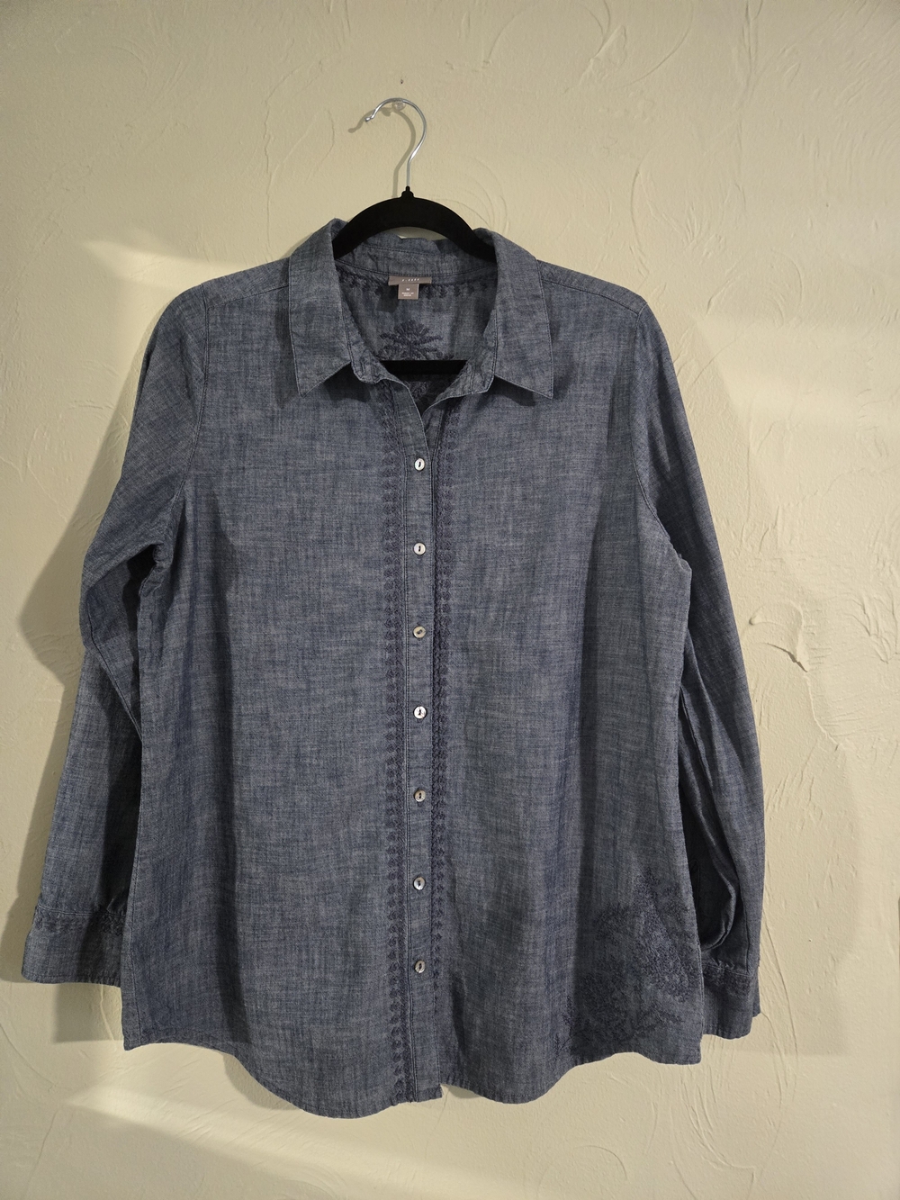 J. Jill Blue Chambray Embroidered Button Down Shirt. 100% Cotton.